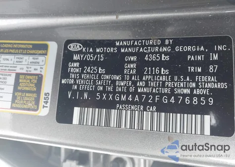 2015 Kia Optima Lx из США, поврежденный, VIN 5XXGM4A72FG476859